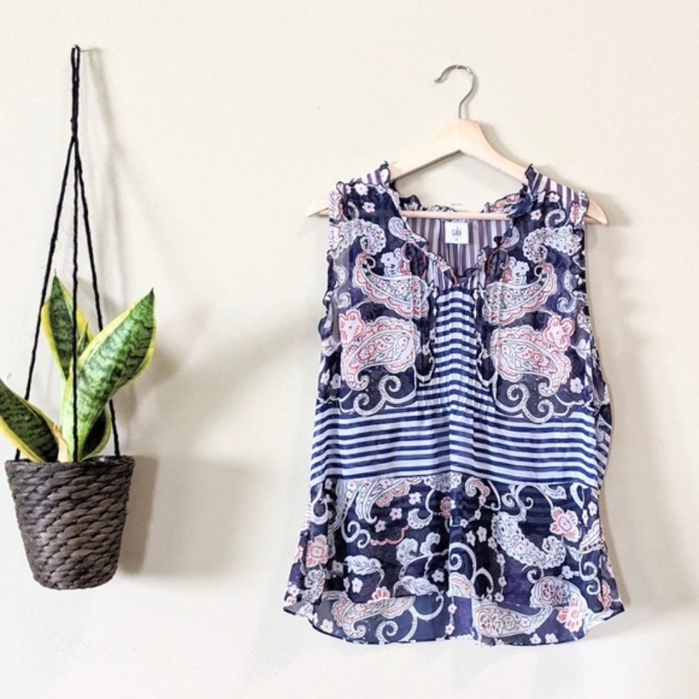 CABI #5349 Blue Pattern Peplum Sleeveless Blouse